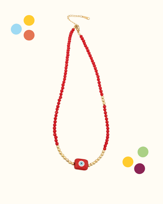 Collana rossa con cristalli e occhio portafortuna